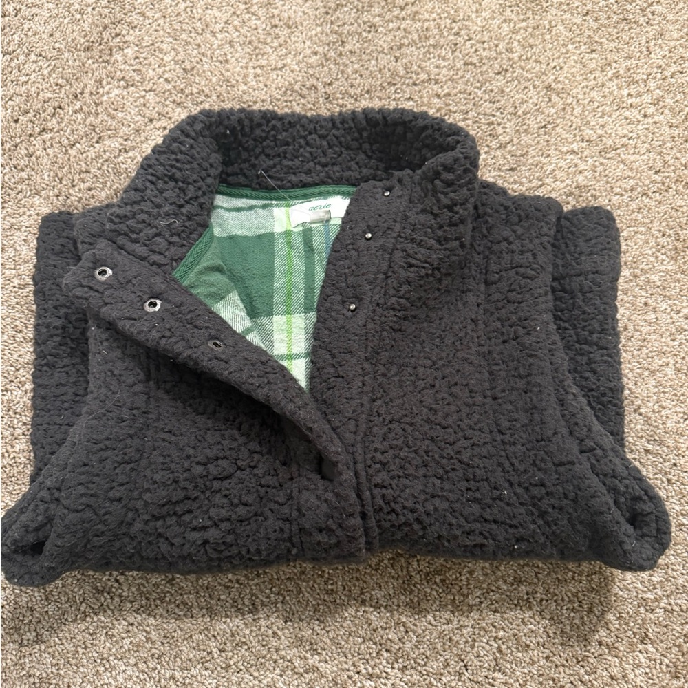 Aerie Black Sherpa Vest with Green Plaid Lining